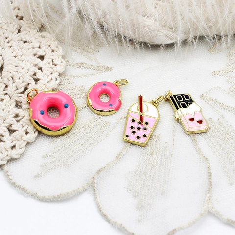 18K Gold Plated Copper Enamel Charms For DIY Jewelry Making Sweet Donut Milk Tea Cactus Rose Mushroom Wine Glass Pendants