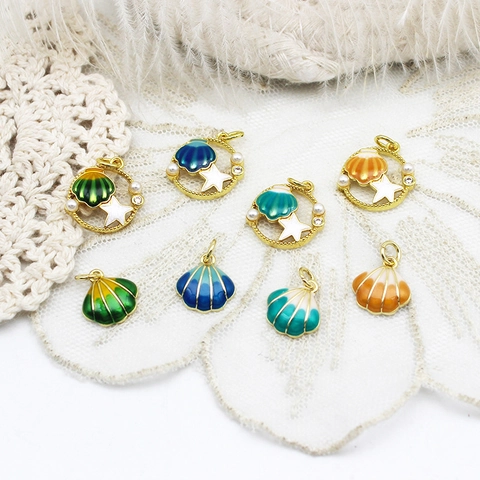 Ocean Animal Enamel Pendants Copper 18K Gold Plated Seahorse Starfish Scallop Dolphin Lobster Charms For DIY Jewelry Making
