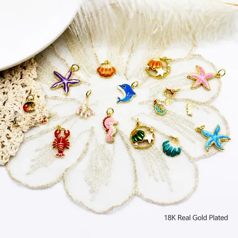 Ocean Animal Enamel Pendants Copper 18K Gold Plated Seahorse Starfish Scallop Dolphin Lobster Charms For DIY Jewelry Making