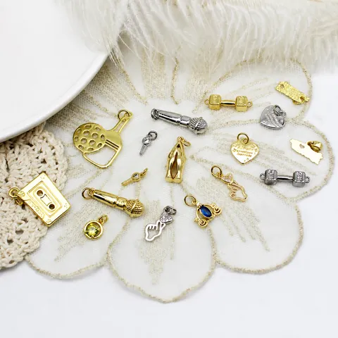 18K Gold Plated Copper Pendants Dumbbell Microphone Key Heart Shape DIY Jewelry Charms For Necklace Bracelet Earring Making Women Accessories
