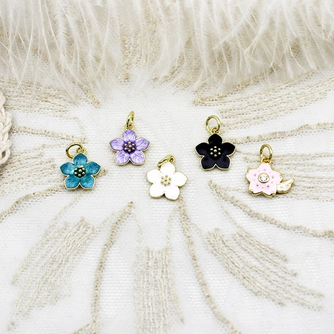 Enamel Flower Daisy Cherry Blossom Copper Pendants With Artificial Pearl Rhinestone For Jewelry Making Necklace Accessory