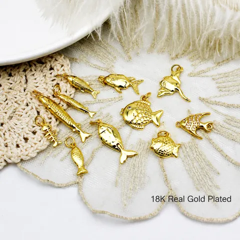 18K Gold Plated Copper Fish Pendants Marine Life Charms For DIY Jewelry Making Sardine Koi Tropical Fish Bone Necklace Bracelet Accessories