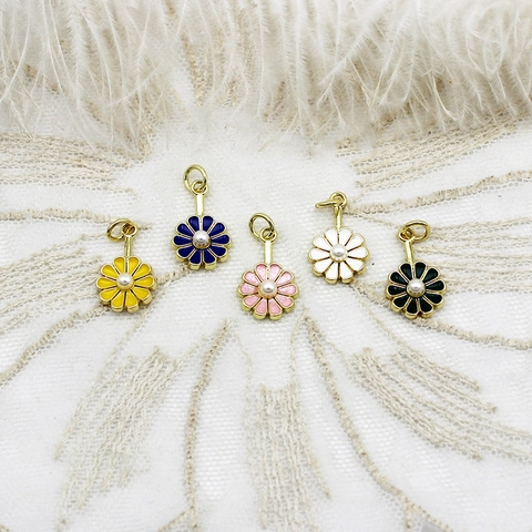 Enamel Flower Daisy Cherry Blossom Copper Pendants With Artificial Pearl Rhinestone For Jewelry Making Necklace Accessory