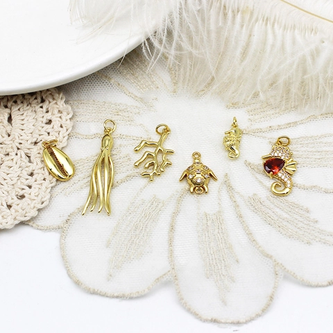 18K Gold Plated Copper Marine Animal Pendant Only Without Chain For DIY Jewelry Making Seahorse Octopus Shell Charm