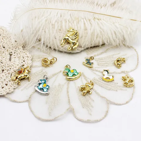 DIY Copper 18K Gold Plated Rocking Horse Unicorn Pendants Animal Enamel Rhinestone Charms For Necklace Bracelet Jewelry Making