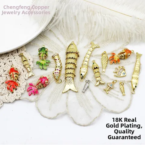 18K Gold Plated Copper Fish Pendants Articulated Movable Koi Goldfish Enamel Animal Charms For DIY Necklace Earrings Making