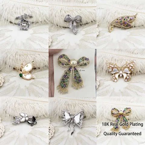 Luxury Butterfly Bowknot Brooch For Women Gold Plated Copper Mother Of Artificial Pearl Zirconia Pin For Wedding Banquet Fashion Jewelry