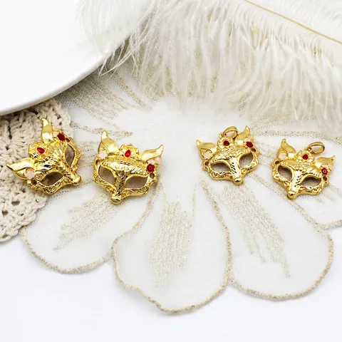 18K Gold Plated Copper Fox Mask Pendant Brooch Inlaid Rhinestone Enamel Hollow DIY Jewelry Making Findings Accessories