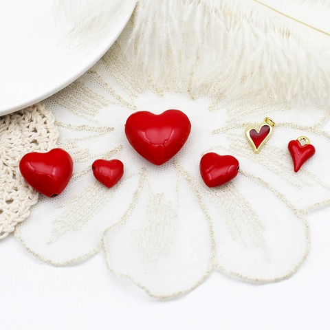 Red Heart Shaped Pendants For DIY Jewelry Making Gold Plated Copper Enamel Flocking Zircon Romantic Love Charm For Necklace Bracelet Earrings
