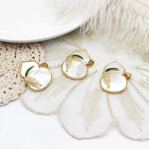 18K Gold Plated Brass Hollow Hulu Gourd Pendant Brooch With Mother Of Artificial Pearl Zirconia Chinese Style Jewelry Finding For Women