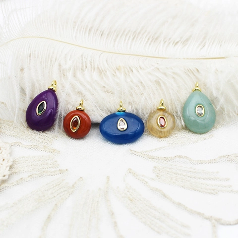 18K Gold Plated Copper Natural Stone Geometric Pendant For DIY Necklace Earring Making Teardrop Round Jewelry Findings