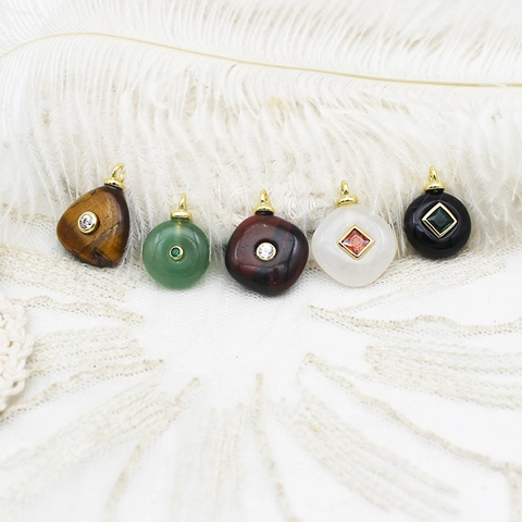 18K Gold Plated Copper Natural Stone Geometric Pendant For DIY Necklace Earring Making Teardrop Round Jewelry Findings