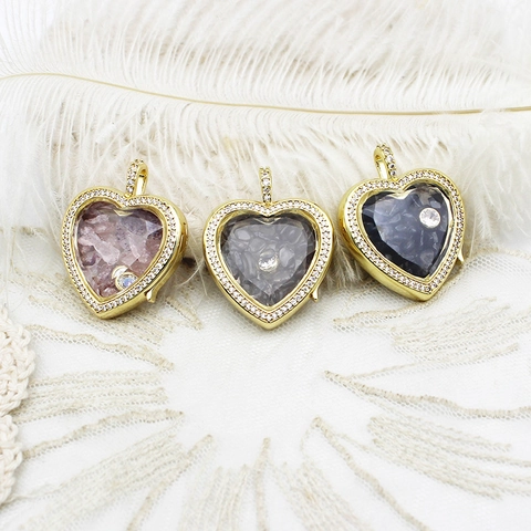 Heart Shaped Gold Plated Copper Locket Pendant Rhinestone Glass Floating Charms DIY Jewelry Accessory For Women Valentine Gift