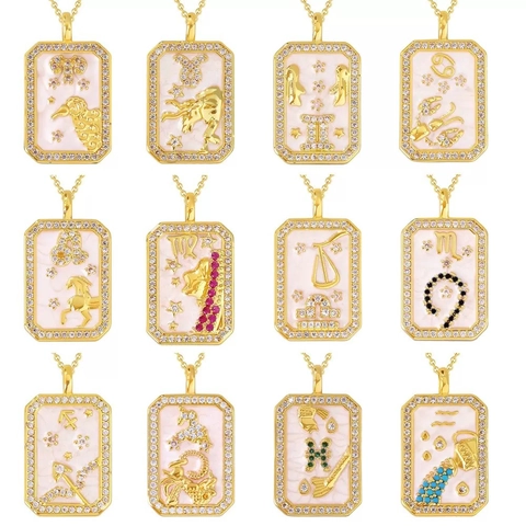 18K Gold Plated Brass Zodiac Pendant For Jewelry Making Zircon Inlaid Rectangular Astrology Charm For Necklace DIY Accessories