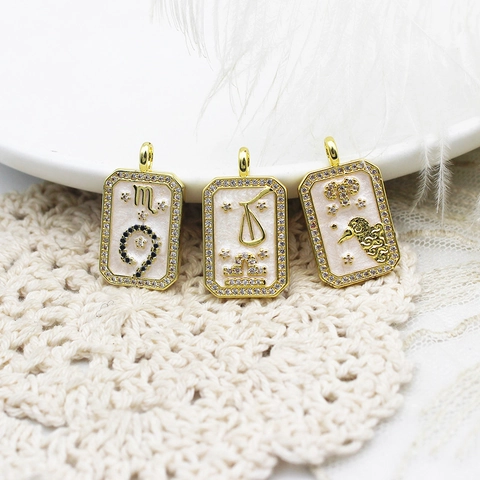18K Gold Plated Brass Zodiac Pendant For Jewelry Making Zircon Inlaid Rectangular Astrology Charm For Necklace DIY Accessories