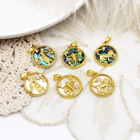 18K Real Gold Plated Copper Zodiac Constellation Pendant Natural Abalone White Mother Of Artificial Pearl Round Shell Zirconia Charm