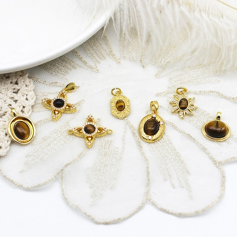 Natural Tiger's Eye Stone Pendant 18K Gold Plated Copper Heart Flower Sun Charms For DIY Necklace Bracelet Making Women