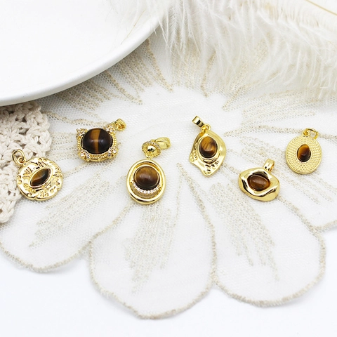 Natural Tiger's Eye Stone Pendant 18K Gold Plated Copper Heart Flower Sun Charms For DIY Necklace Bracelet Making Women