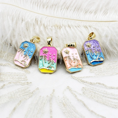 Vintage Tarot Rectangle Enamel Pendant 18K Real Gold Plated Copper Angel Sun Heart Palm Tree Tulip Conch Pendant Only Without Chain