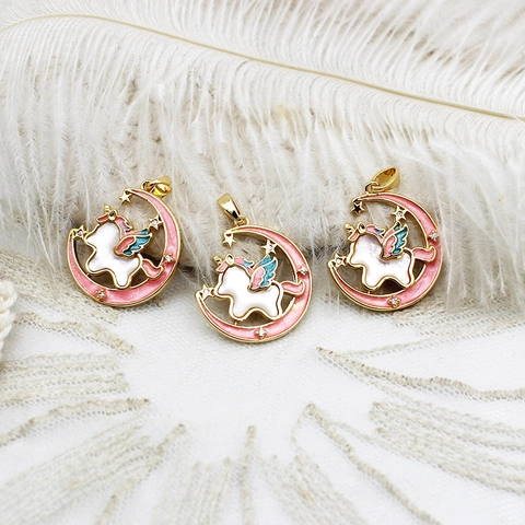 18K Gold Plated Copper Pendants Mother Of Pearl Balloon Dog Unicorn Moon Enamel Rhinestone Charms For DIY Jewelry Making