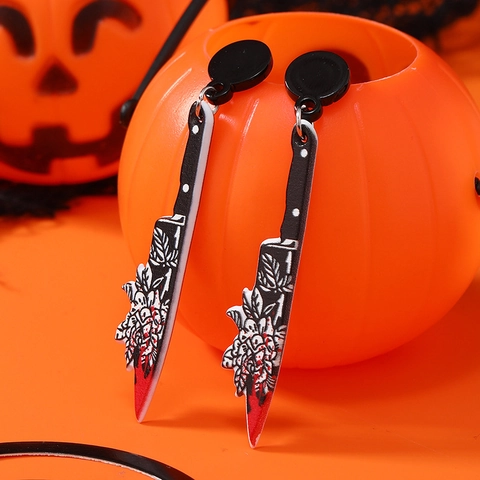 Boucles d'Oreilles Pendantes en Acrylique Couteau Sanglant d'Halloween pour Femmes Horror Sang Floral Imprimé Bijoux de Fête