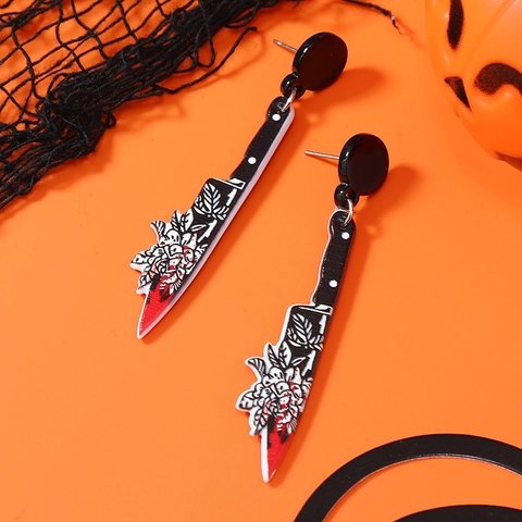 Boucles d'Oreilles Pendantes en Acrylique Couteau Sanglant d'Halloween pour Femmes Horror Sang Floral Imprimé Bijoux de Fête