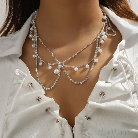 Collana a Catena Frontale Multistrato con Perle Artificiali e Strass Stile Etnico Placcato Argento Gioielli per Capelli Donna