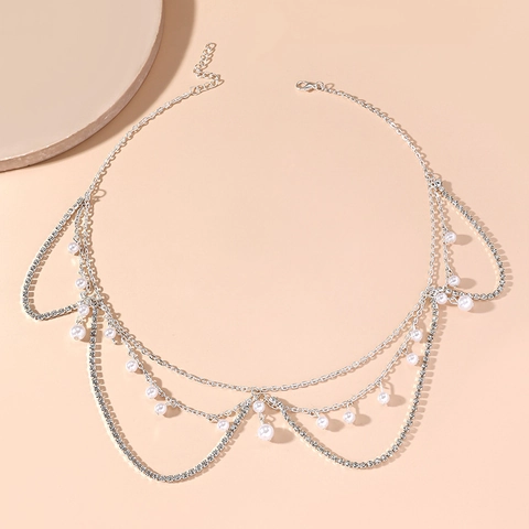 Collana a Catena Frontale Multistrato con Perle Artificiali e Strass Stile Etnico Placcato Argento Gioielli per Capelli Donna
