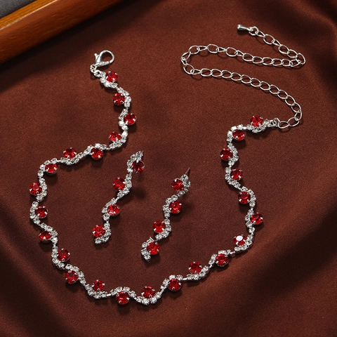 Elegant Alloy Rhinestone Wavy Necklace Earrings Vintage Colorful Formal Dress Jewelry Accessory For Women