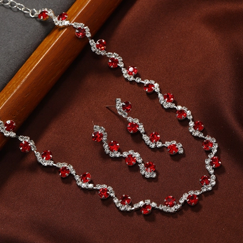 Elegant Alloy Rhinestone Wavy Necklace Earrings Vintage Colorful Formal Dress Jewelry Accessory For Women