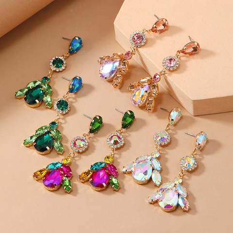 Vintage Alloy Crystal Gemstone Dangle Earrings For Women Luxury Rhinestone Exaggerated Teardrop Earrings Jewelry For Party