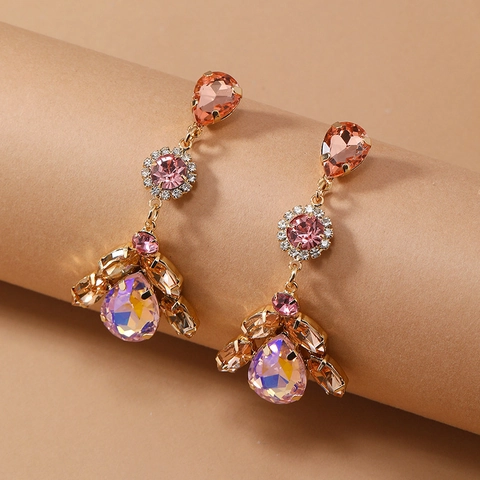 Vintage Alloy Crystal Gemstone Dangle Earrings For Women Luxury Rhinestone Exaggerated Teardrop Earrings Jewelry For Party