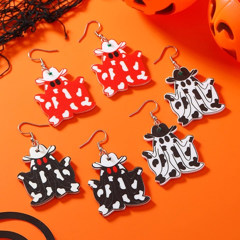 Halloween Western Cowboy Ghost Drop Earrings Acrylic Cow Print Ghost With Cowboy Hat Dangle Earrings For Women Party Jewelry