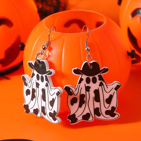 Halloween Western Cowboy Ghost Drop Earrings Acrylic Cow Print Ghost With Cowboy Hat Dangle Earrings For Women Party Jewelry