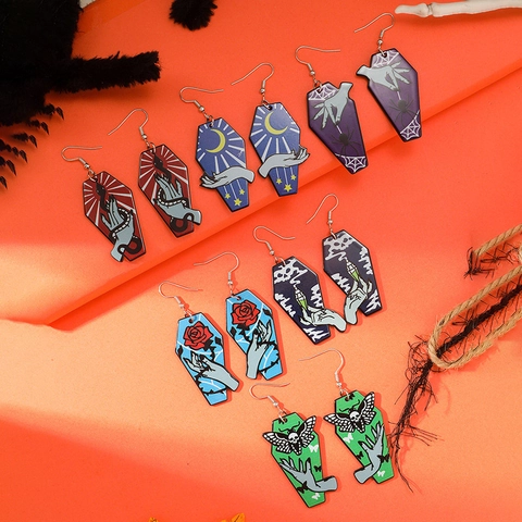 Gothic Coffin Shape Halloween Acrylic Dangle Earrings For Women Skull Snake Rose Pattern Holiday Party Drop Jewelry
