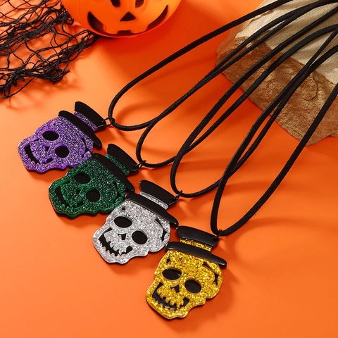 Vintage Acrylic Skull Pendant Necklace Punk Gothic Glitter Skeleton Necklace For Women Halloween Party Holiday Jewelry