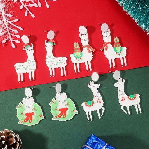 Christmas Alpaca Acrylic Drop Earrings Cute Cartoon Llama Dangle Earrings For Women Holiday Party Festive Jewelry Gift