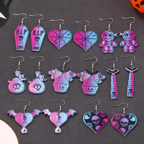 Halloween Acryl Ohrhänger Verlauf Totenkopf Fledermaus Herz Sarg Voodoo Puppe Gruselig Gothic Ohrringe Damen Party Schmuck