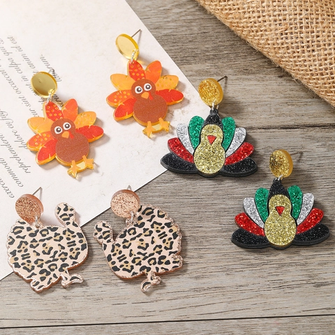 Orecchini a Goccia in Acrilico Tacchino del Ringraziamento Stampa Leopardata Glitter Uccello Animale Gioielli per Donna Festa