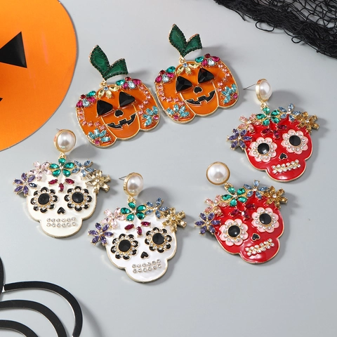 Halloween Pumpkin Skull Drop Earrings Alloy Enameled Rhinestone With Stainless Steel Earring Post For Women Festive Party Jewelry