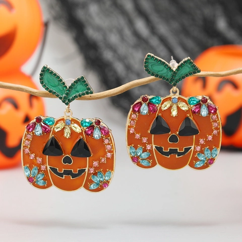 Halloween Pumpkin Skull Drop Earrings Alloy Enameled Rhinestone With Stainless Steel Earring Post For Women Festive Party Jewelry