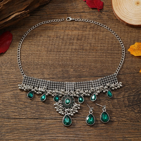 Vintage Bohemian Alloy Green Rhinestone Necklace And Earrings Collection Antique Silver Gold Tassel Ethnic Jewelry For Women