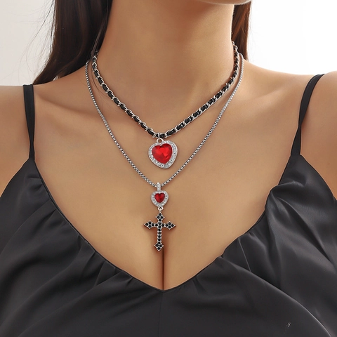 Gothic Dark Stil Rotes Herz Schwarzes Kreuz Schmuckset Legierung Strass Mehrlagige Halskette Ohrringe Für Damen Halloween Schmuck