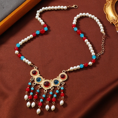 Vintage Ethnic Style Alloy Artificial Pearl Pendant Necklace For Women Chinese Folk Style Tassel Bead Collar Jewelry