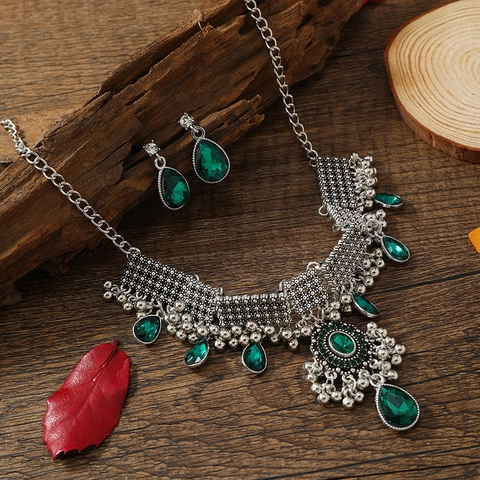 Vintage Bohemian Alloy Green Rhinestone Necklace And Earrings Collection Antique Silver Gold Tassel Ethnic Jewelry For Women
