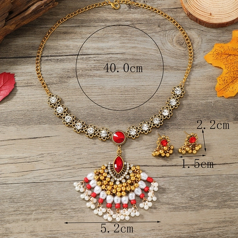 Indian Ethnic Style Vintage Alloy Rhinestone Tassel Necklace And Earrings For Women Bohemian Luxury Hollow Flower Jhumka Jewelry