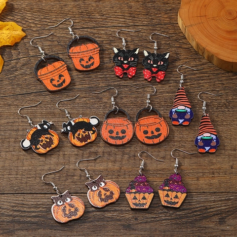 Halloween Wood Drop Earrings For Women Exaggerated Cartoon Pumpkin Black Cat Gnome Cupcake Witch Hat Party Jewelry