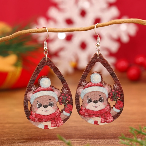 Pendientes de Gota de Madera de Navidad Poste de Acero Inoxidable Papá Noel Reno Muñeco de Nieve Patrón de Pingüino