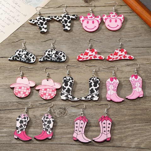 Western Cowboy Theme Wooden Printed Earrings Cow Pattern Hat Boots Disco Ball Smiley Retro Boho Dangle Earrings For Women