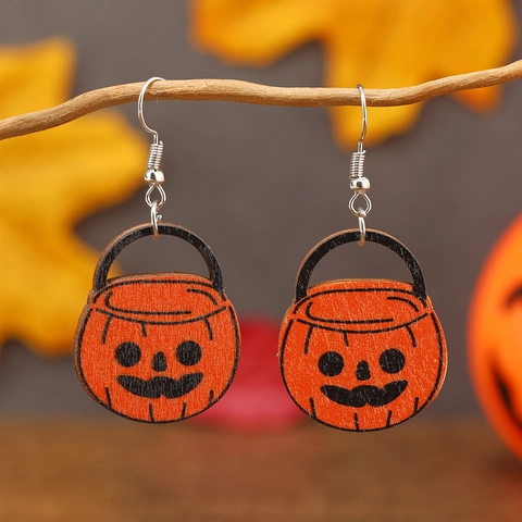 Halloween Wood Drop Earrings For Women Exaggerated Cartoon Pumpkin Black Cat Gnome Cupcake Witch Hat Party Jewelry